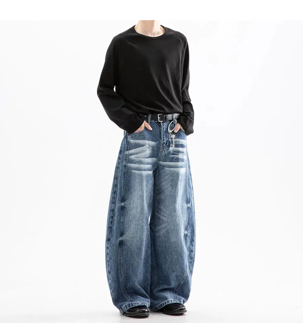 Ultra-Wide Whisker-Fade Washed Jeans
