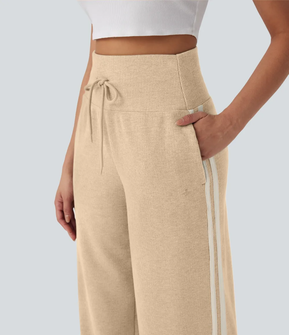 2026🔥  Ribbed SoCinched High Waisted Tummy Control Drawstring Wide Leg Color Block Casual Trousers with Pockets