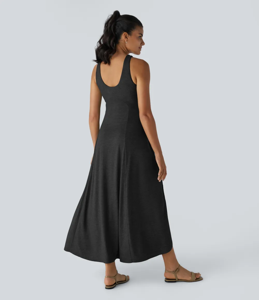 U Neck Backless Split Flowy Maxi Casual Tank Dress