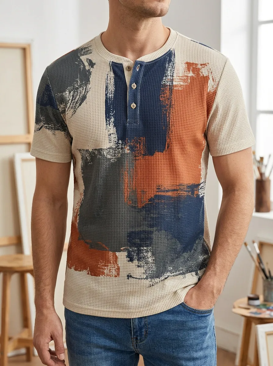 Men's Relaxed Abstract Brushstroke Waffle Knit Artwork Henley T-Shirt