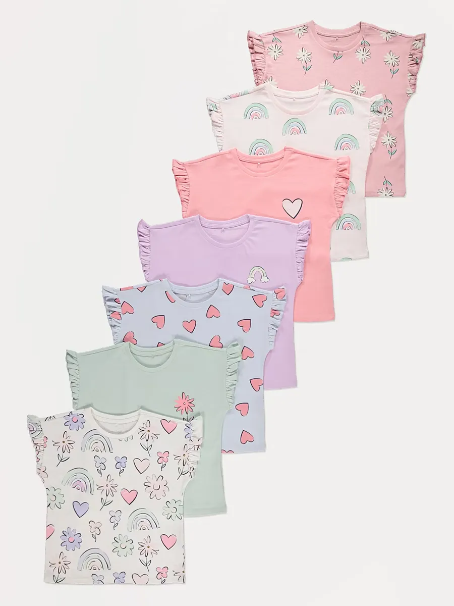 Pastel Hearts and Flowers Frill Sleeve Tops 7 Pack
