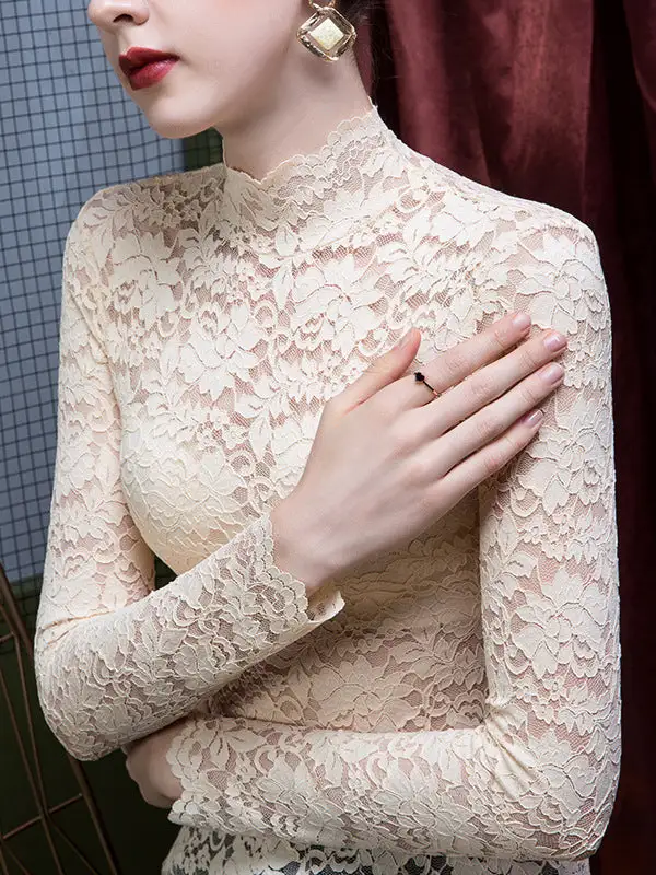 Long Sleeve Curve Fit Gauze Sheer Panel Detail High Neck T-Shirt