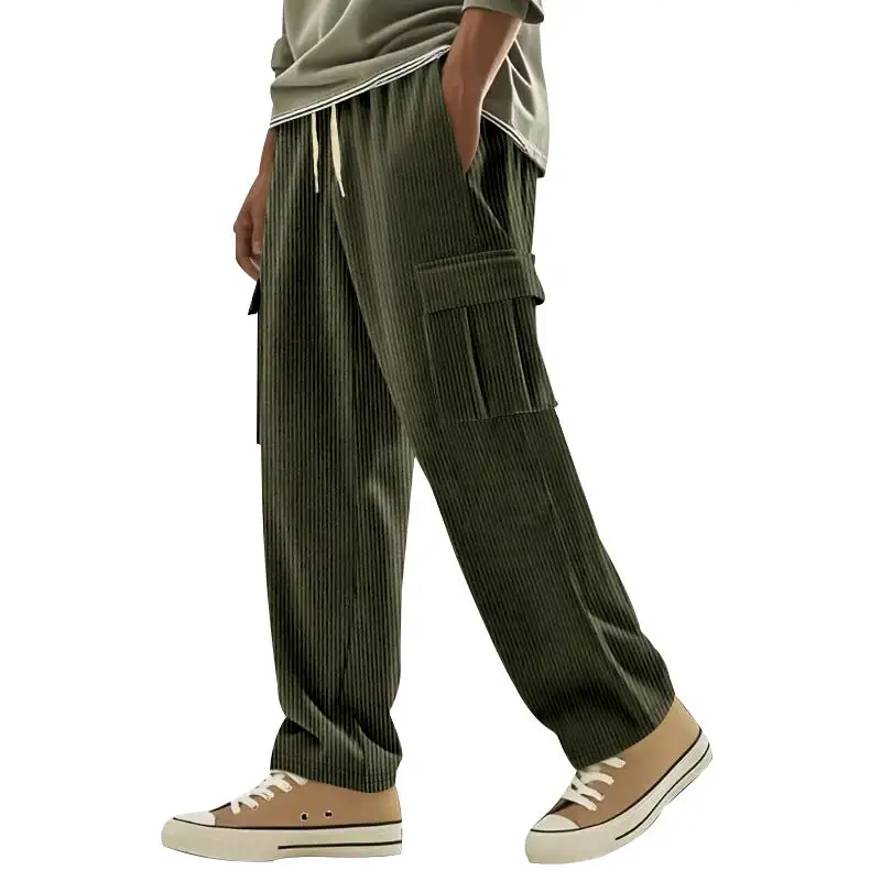 Men's Loose Corduroy Pants with Cargo Pockets and Drawstring Waistband Cargo Pants