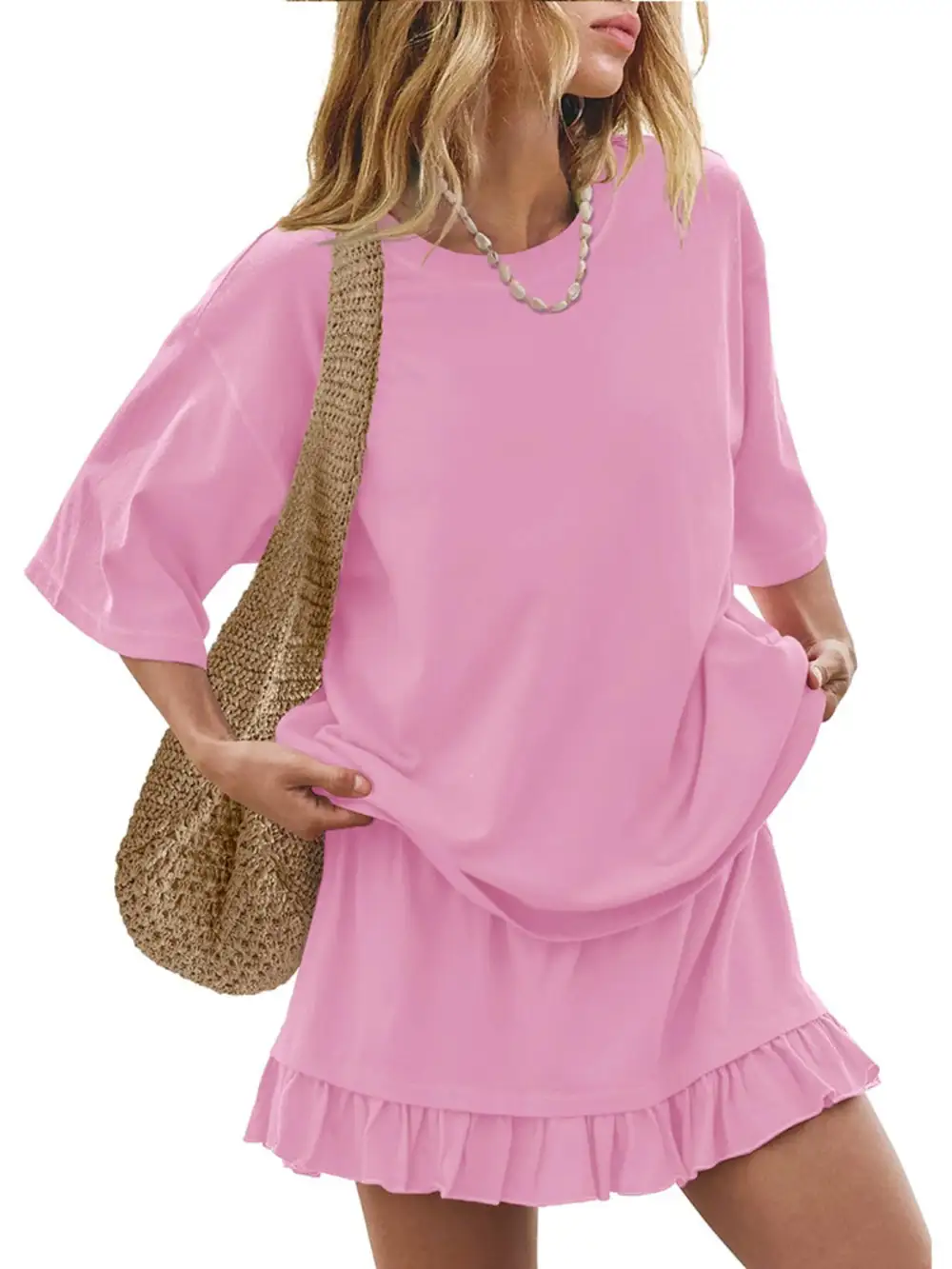 Refined Round Neck Ruffle Trim Coordinated Set