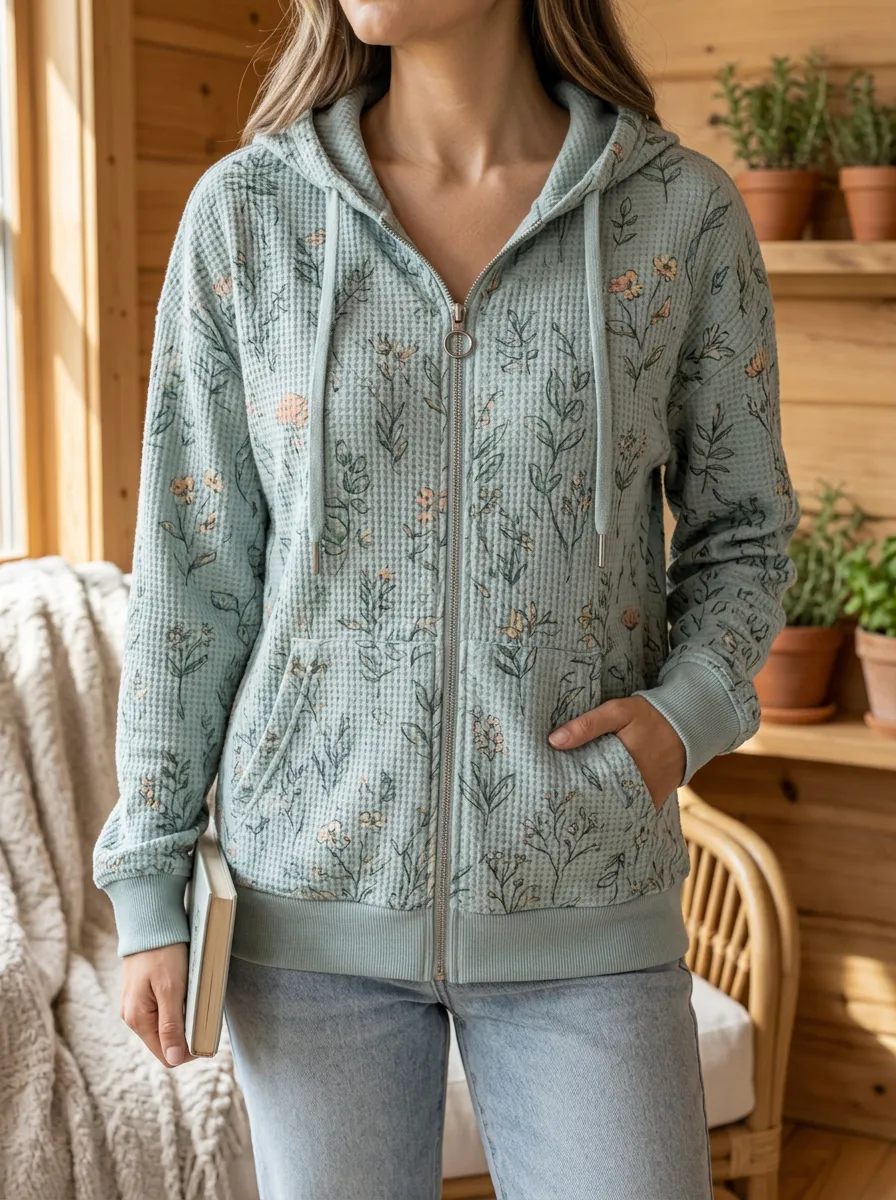 Women's Floral Botanical Signature Expression Waffle Zip-Up Hoodie