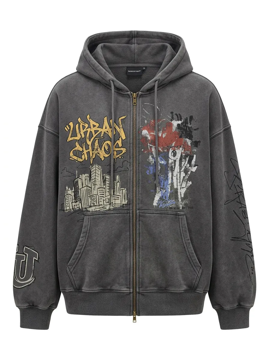 Unisex Streetwear Urban Chaos City Graffiti Printed Zip-up Hoodie