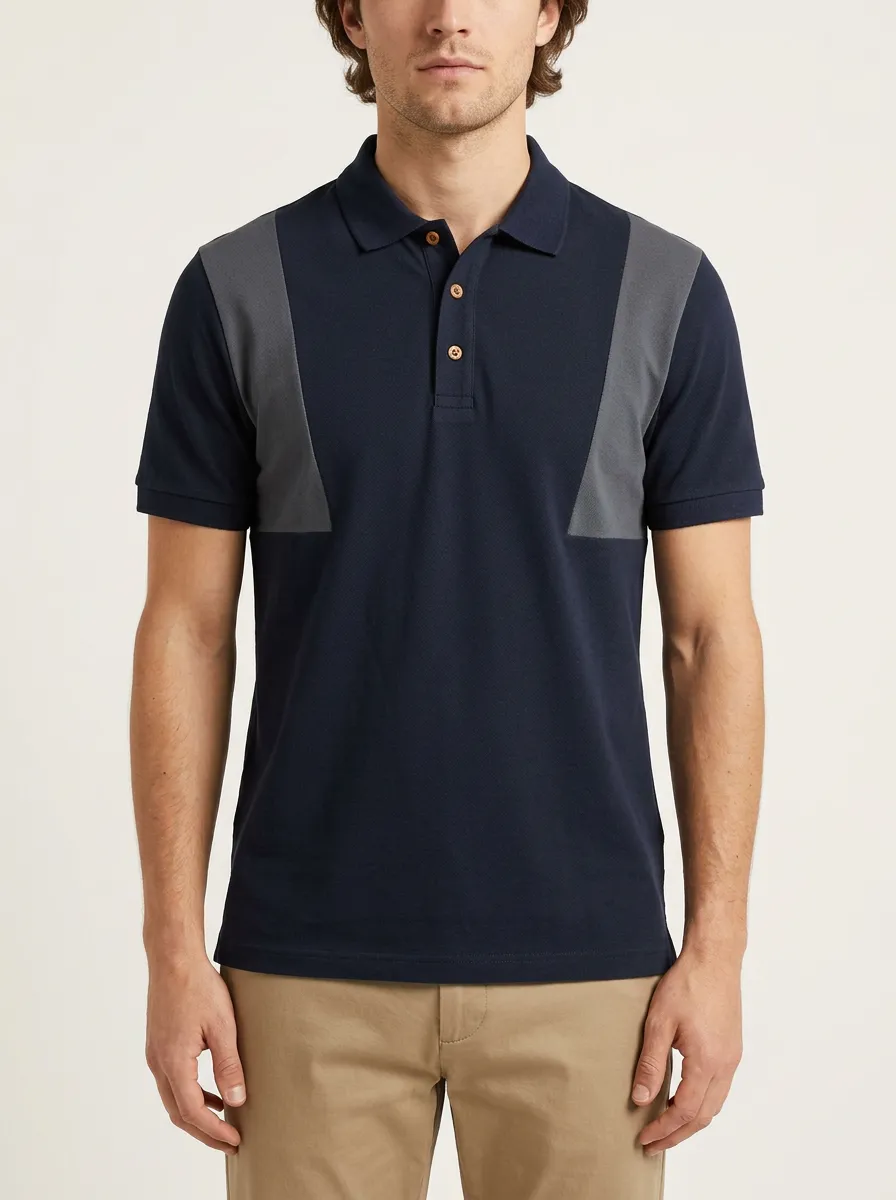Men's Colorblock Geometric Panel Navy Grey Polo Shirt