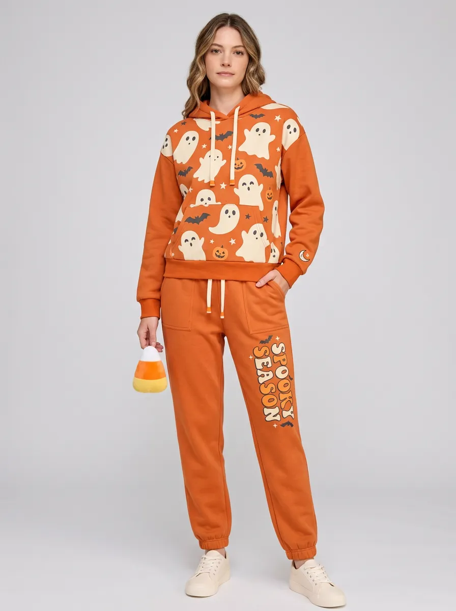 Women's Halloween Spooky Season Ghost Pumpkin Printed Tracksuit