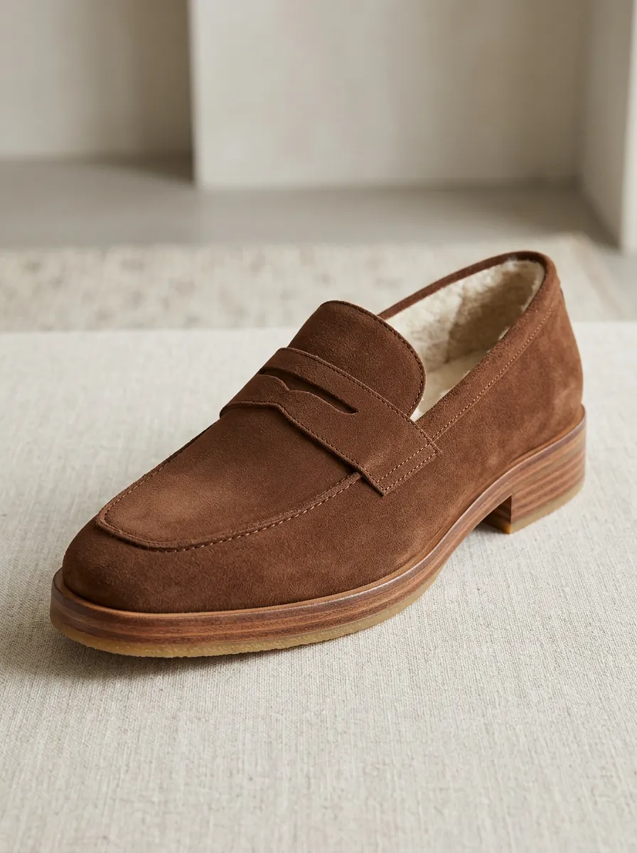 Women's Utility Faux Fur Lined Winter Suede Wood Sole Loafers