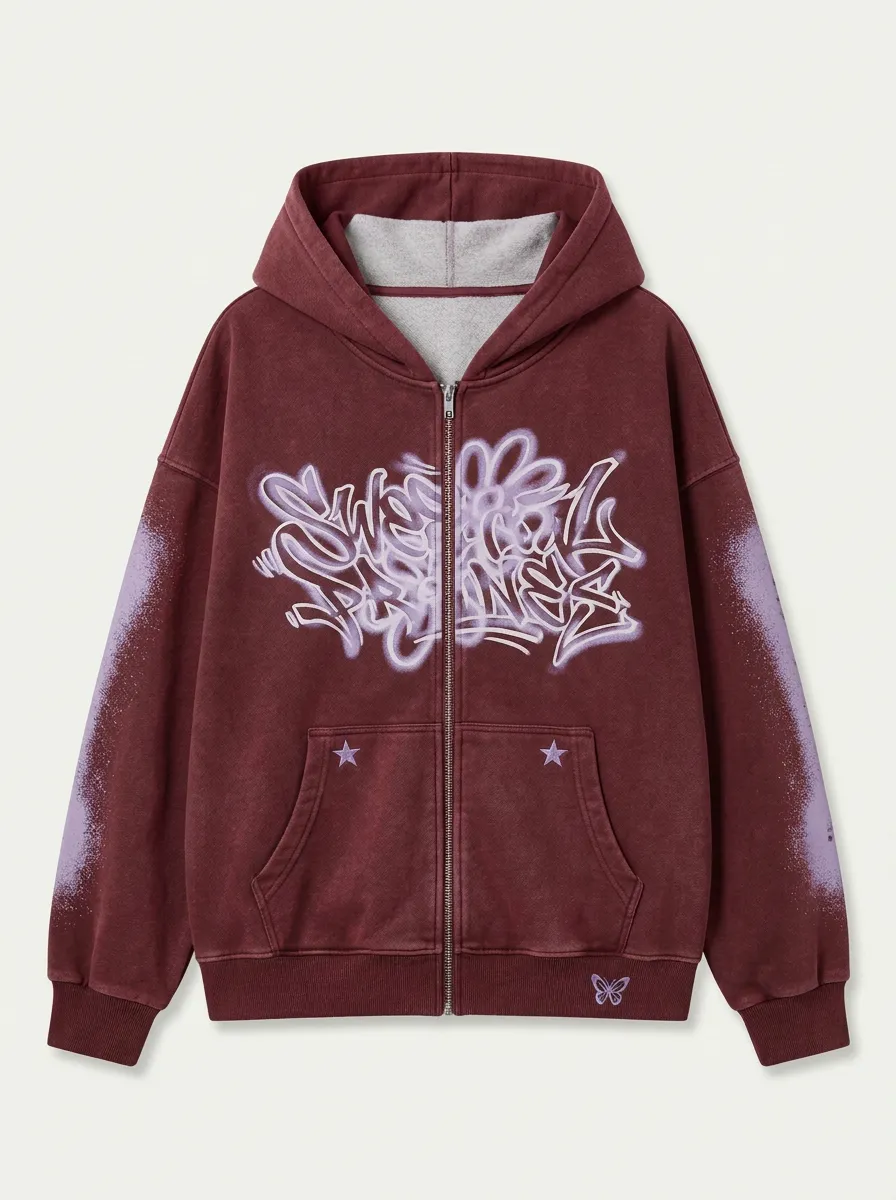 Unisex Streetwear Graffiti Butterfly Star Printed Zip-up Hoodie