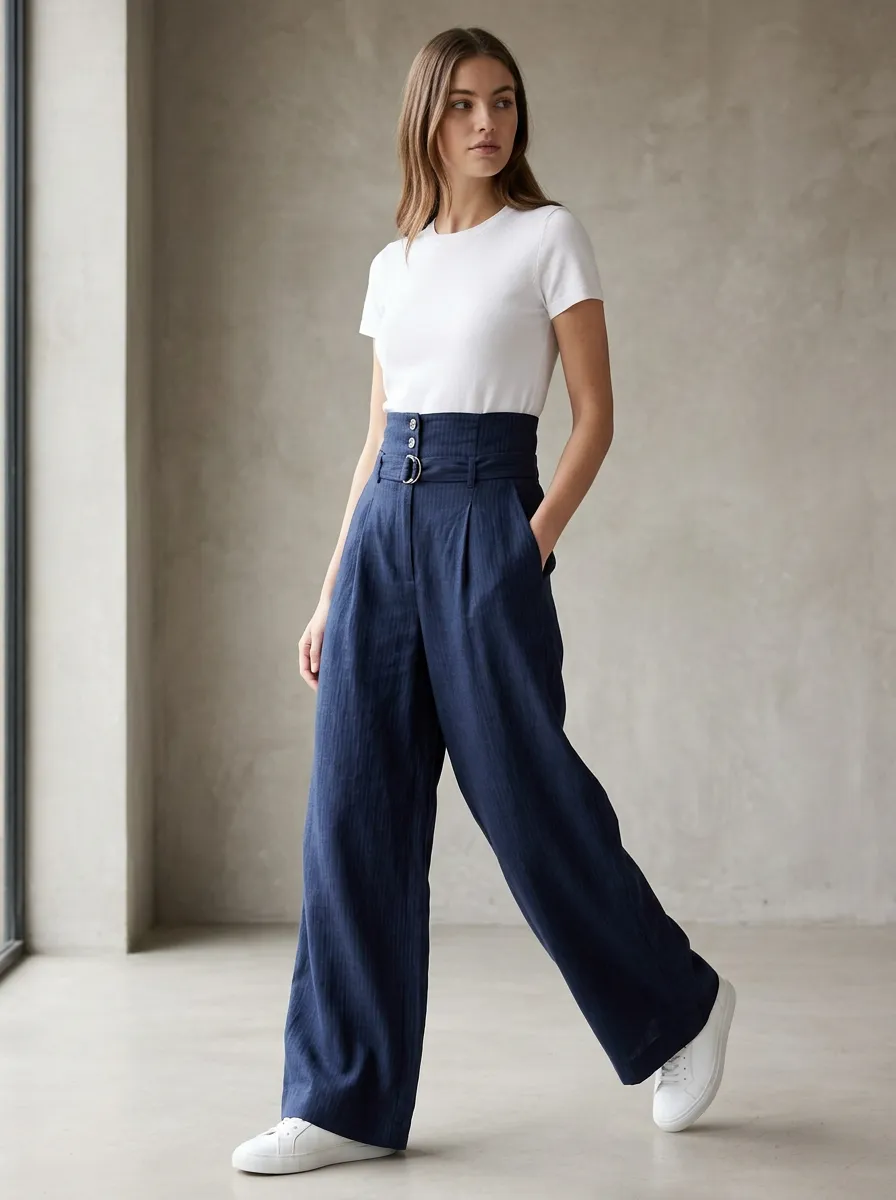 Women's High-Waisted Pinstripe Belted Wide Leg Trousers