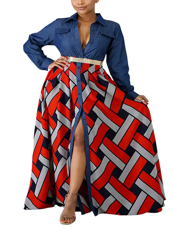Sleeves Printed Buttoned Long Maxi Dress