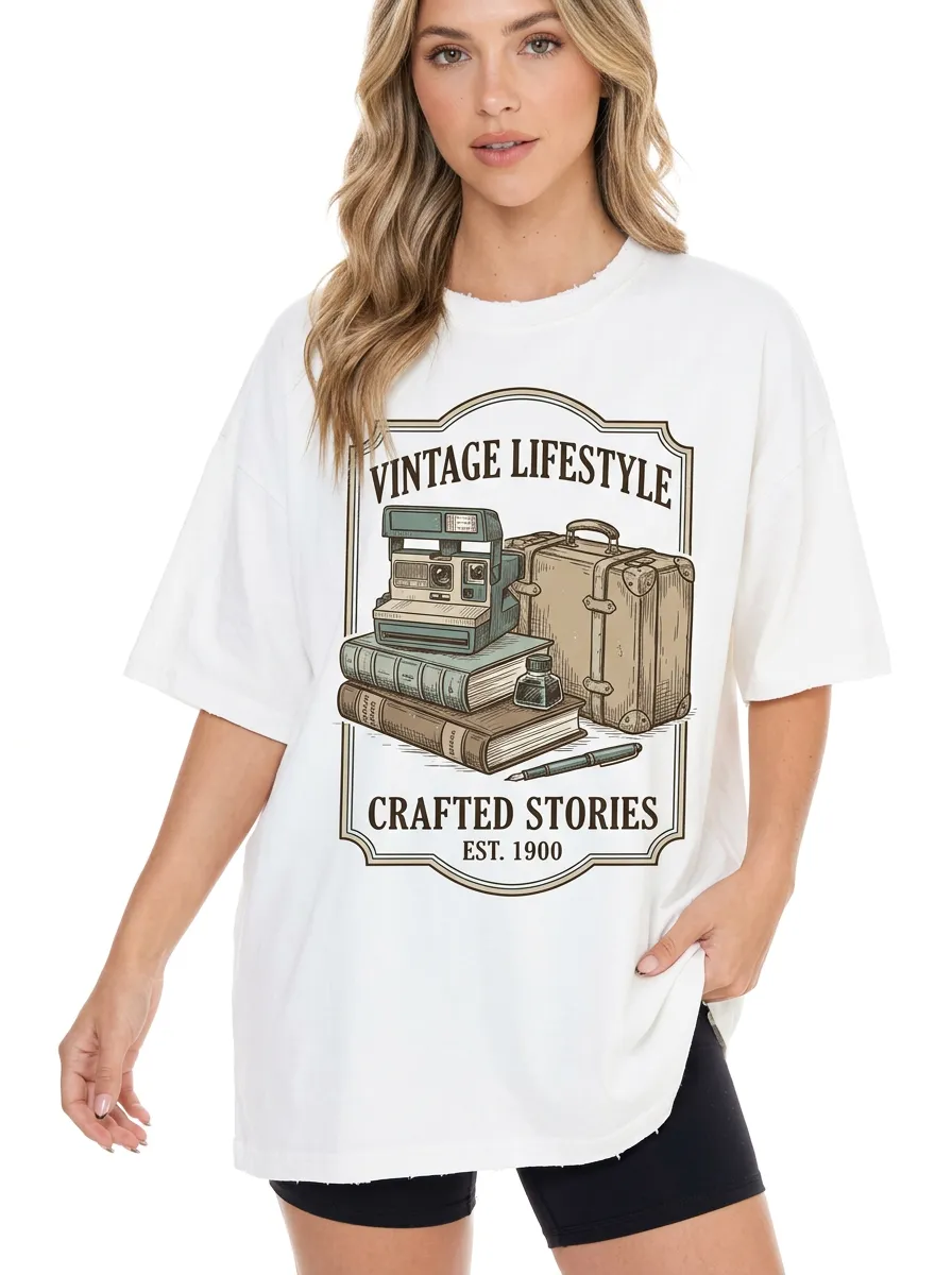 Women's Vintage Lifestyle Camera Books Suitcase Graphic T-Shirt