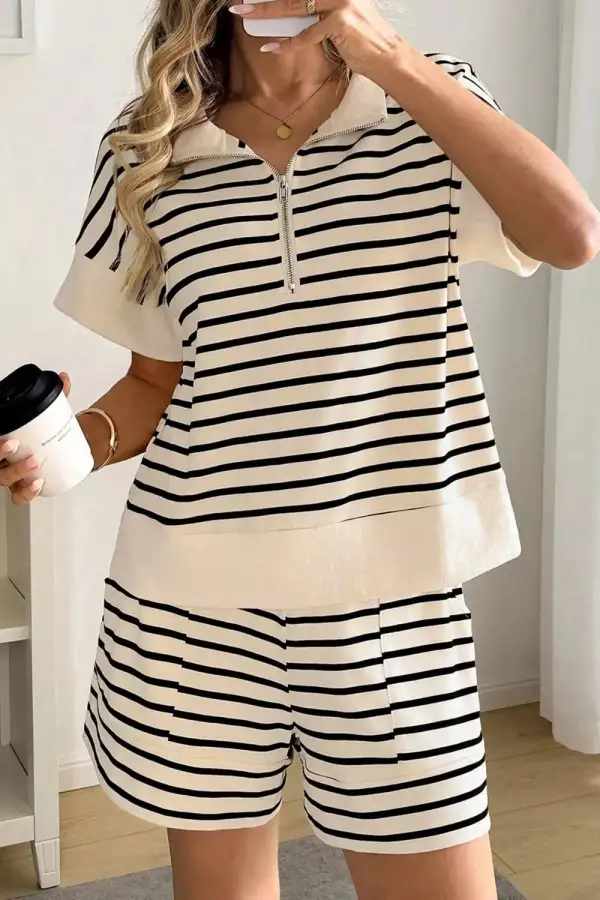 Striped Half Zip Top and Shorts Set