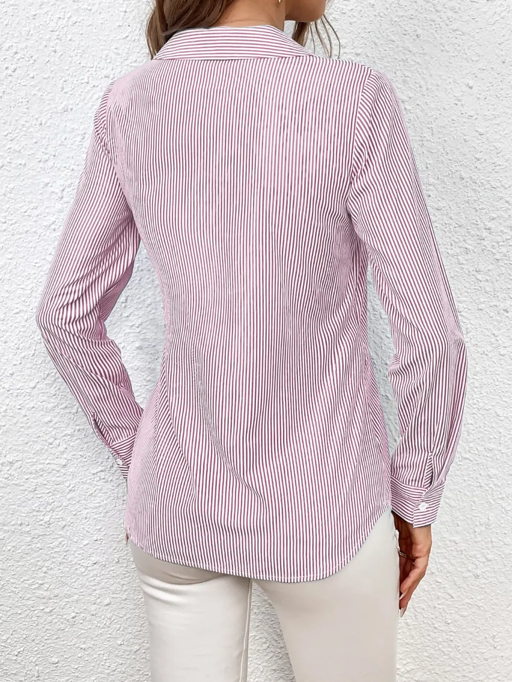 Tie-Waist Johnny-Collar Long-Sleeve Sheer Blouse