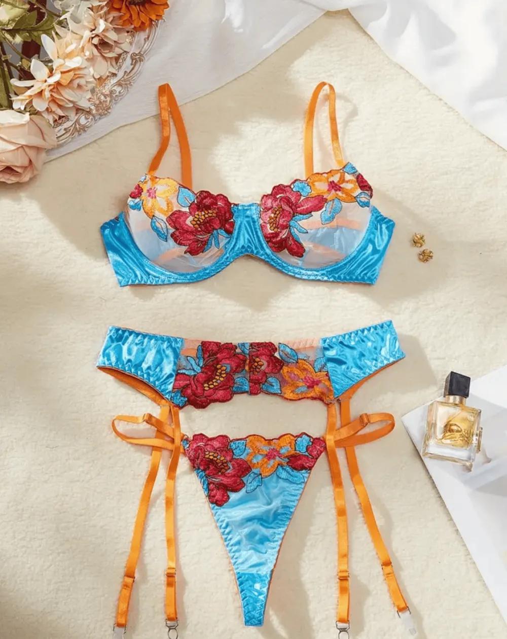 Floral Silk Garter Lingerie Set