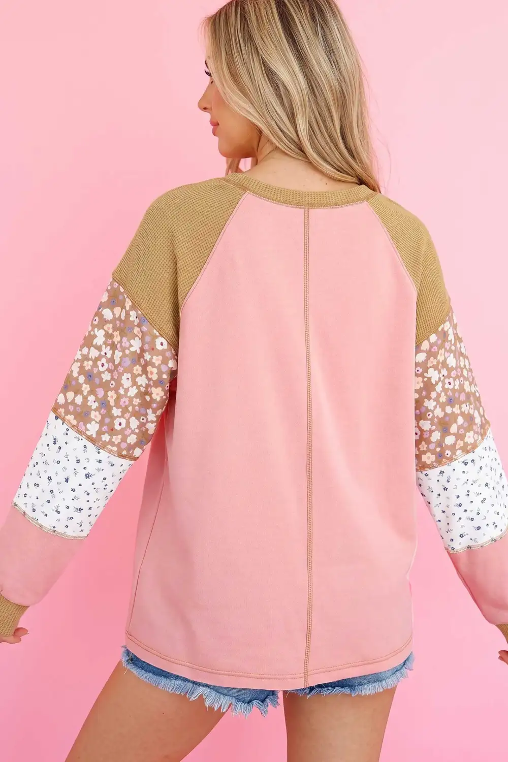 Floral Print Colorblock Waffle Knit Women's Top
