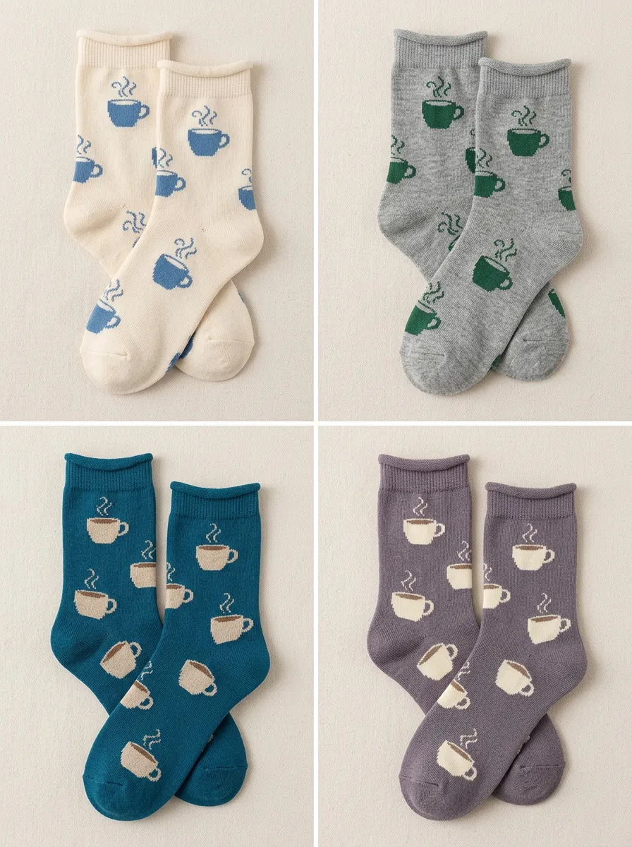 Women's Steaming Coffee Cup Rolled-Cuff Crew Sock Set