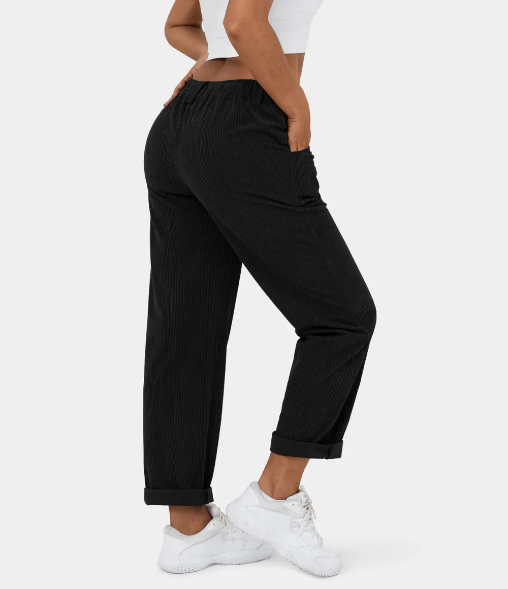 Mid Rise Button Zipper Side Pocket Corduroy Casual Pants
