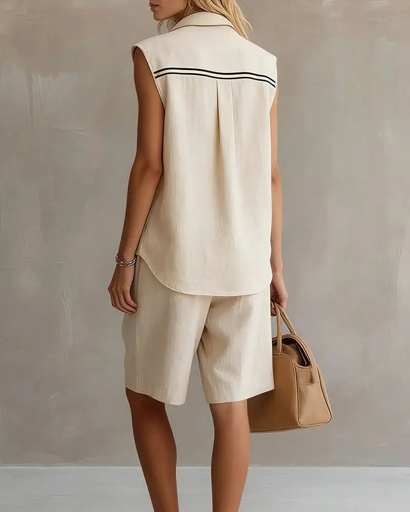 Casual Sleeveless Button-Down Shirt and Shorts Two-Piece Set