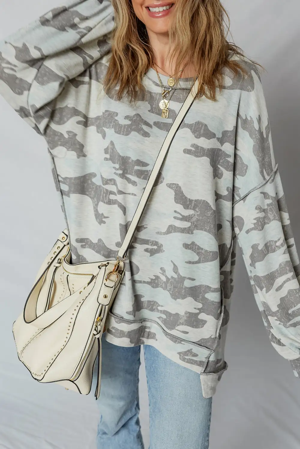 Easygoing Camo Print Patchwork Exposed Seam Sweatshirt
