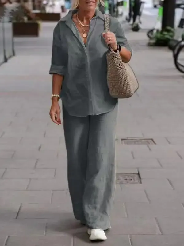 Lapel Long Sleeve Shirt Pants Wide Leg Suit