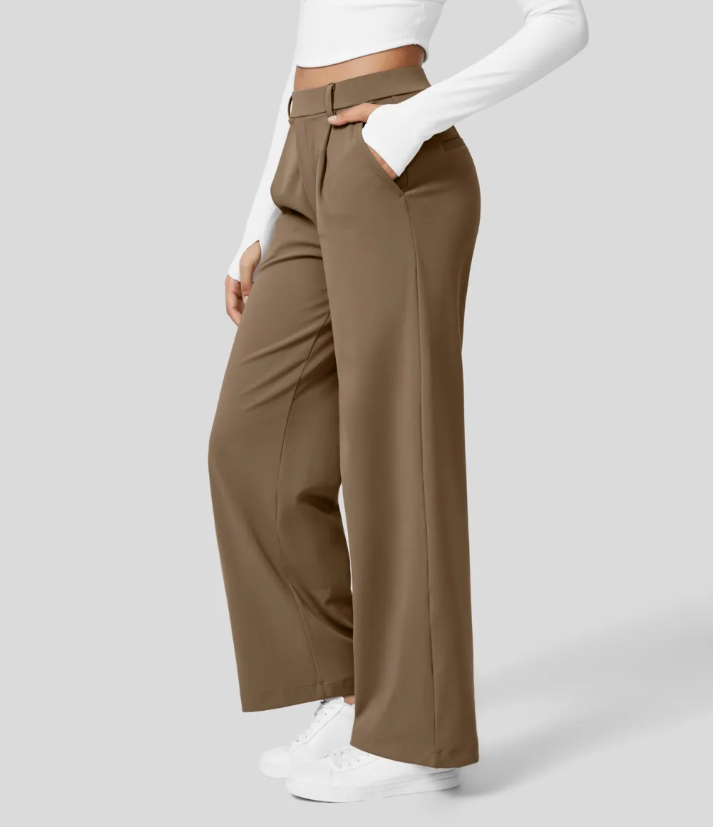 2026🔥  High Waisted Plicated Side Pocket Straight Leg Work Pants