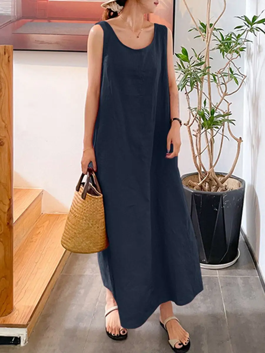 Pockets Neck Maxi Dress