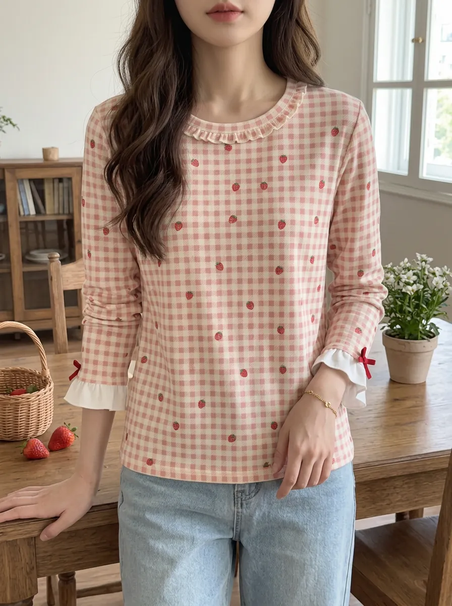 Women's Sweet Strawberry Gingham Ruffle Trim Printed Long Sleeve Top