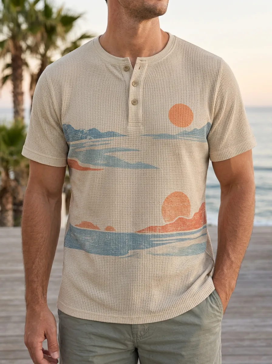 Men's Beach Sunset Landscape Printed Waffle Henley T-shirt