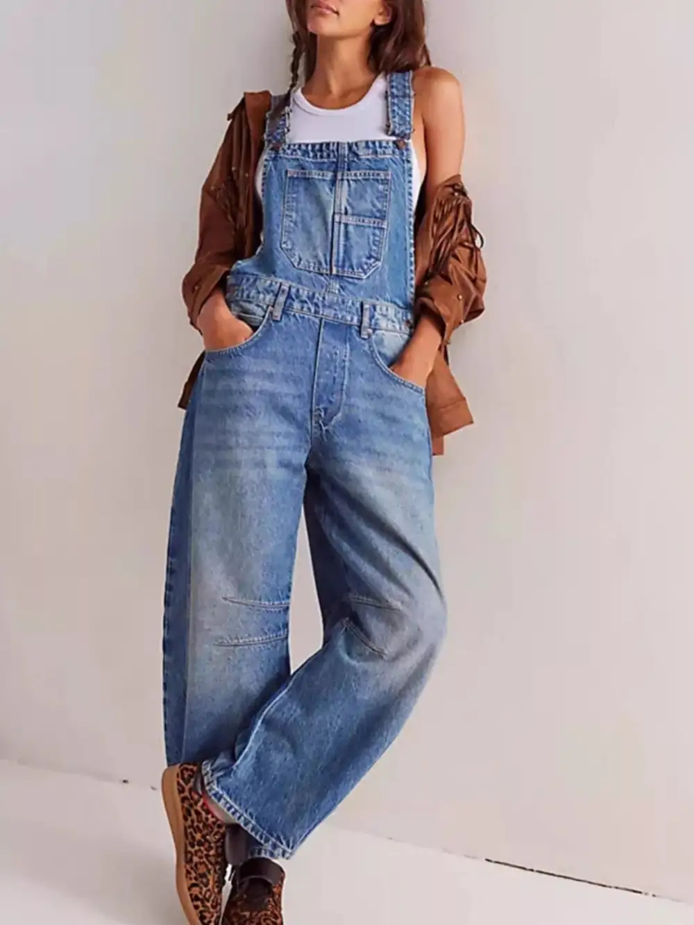 Wide Strap Wide Leg Denim Overalls Full-Length Bib Overalls