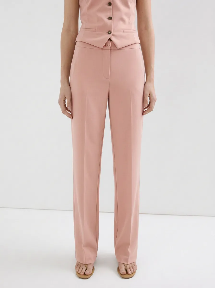 Women's Minimalist Beige Solid Color Mid-Rise Straight Leg Trousers