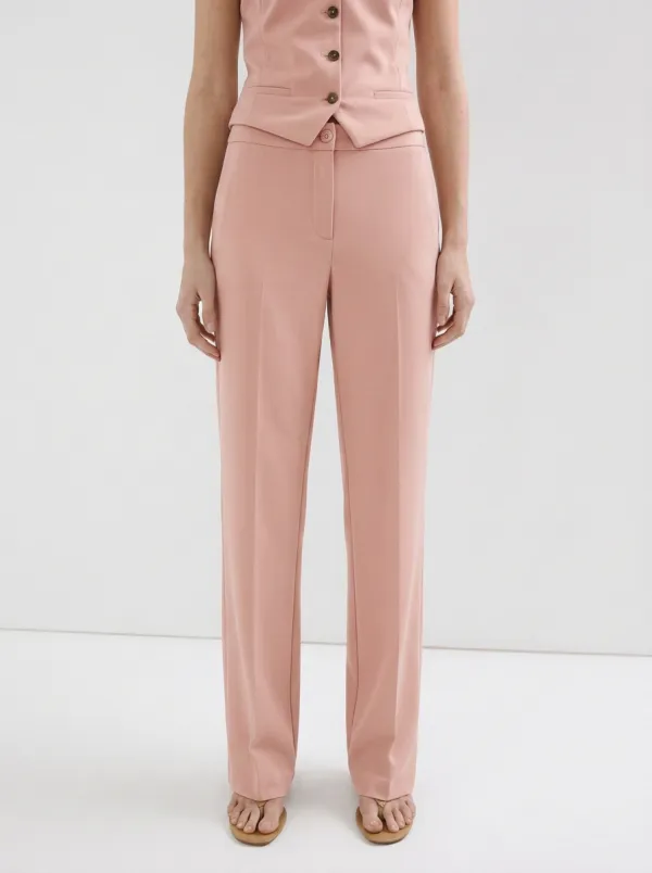 Women's Minimalist Beige Solid Color Mid-Rise Straight Leg Trousers