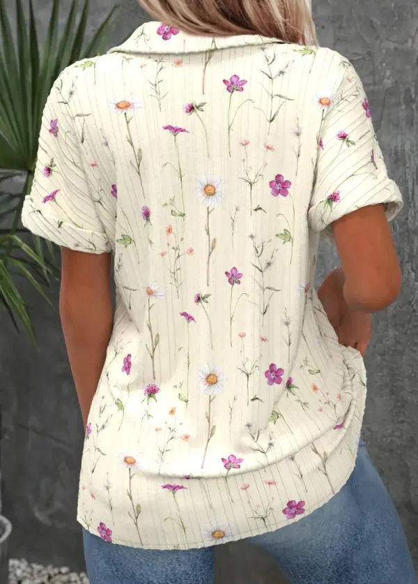 Beige Ditsy Floral Print Short Sleeve Shirt Collar Blouse