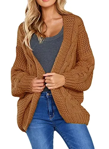 Womens Open Front Long Sleeve Chunky Knit Cardigan Sweaters Loose Outwear Coat