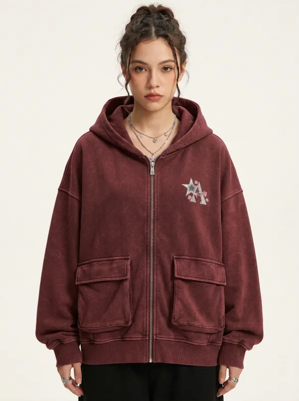 Unisex Streetwear Star A2 Graphic Printed Zip-up Hoodie