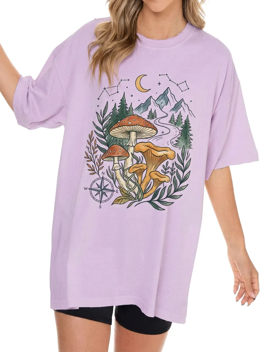 Women's Nature Mushroom Mountain Compass Graphic T-Shirt