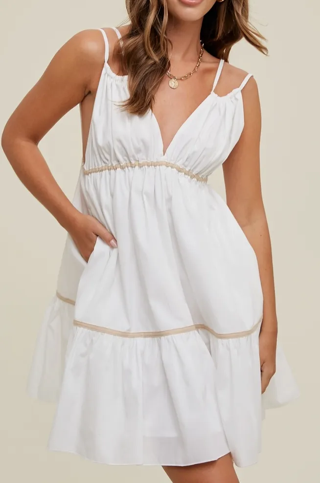 White Poplin Tiered V-Neck Mini Dress
