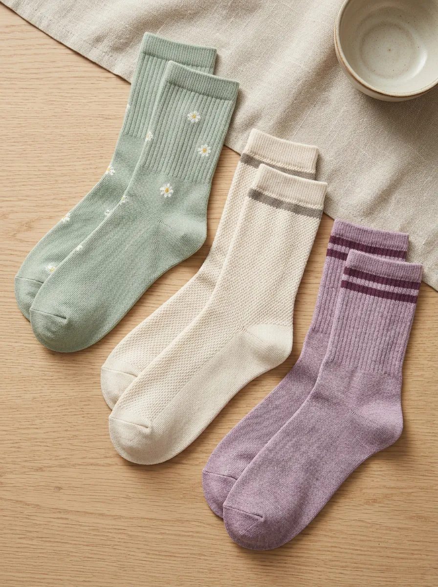 Women's Floral Daisy Striped Pattern Printed Crew Socks Set