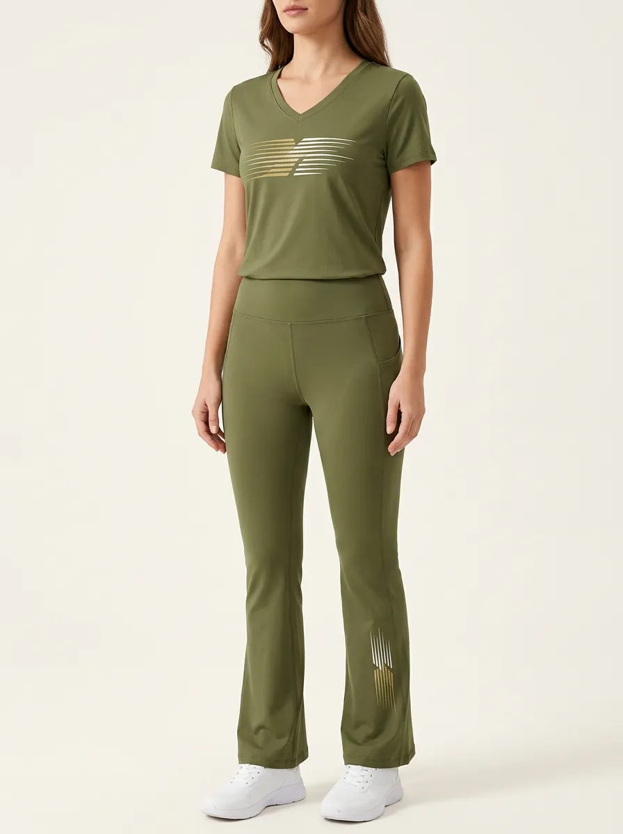 Women's Motion-Line Graphic V-Neck T-Shirt and Flare Leggings Set