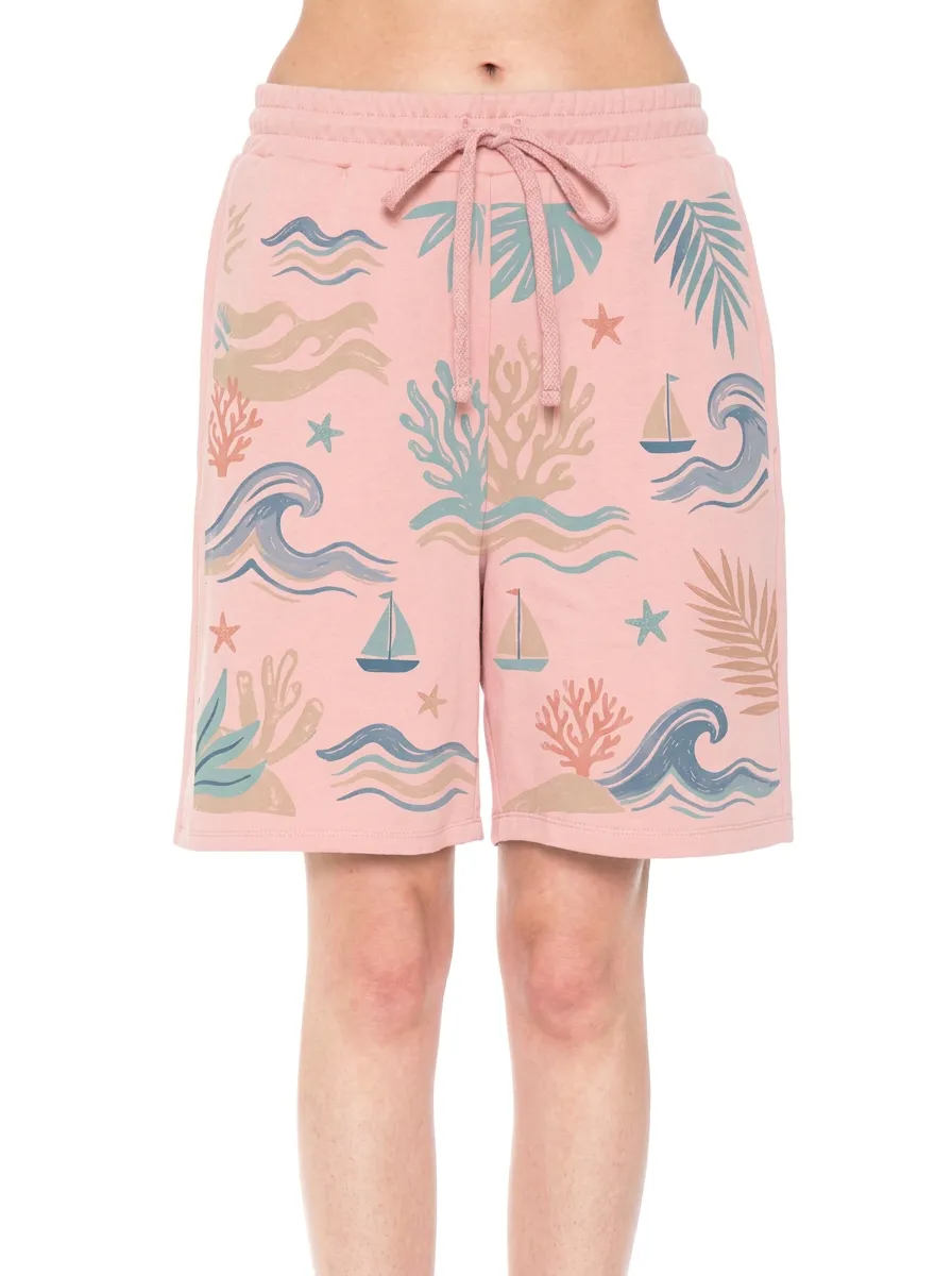 Women's Beach Lover Ocean Coral Sailboat Printed Shorts