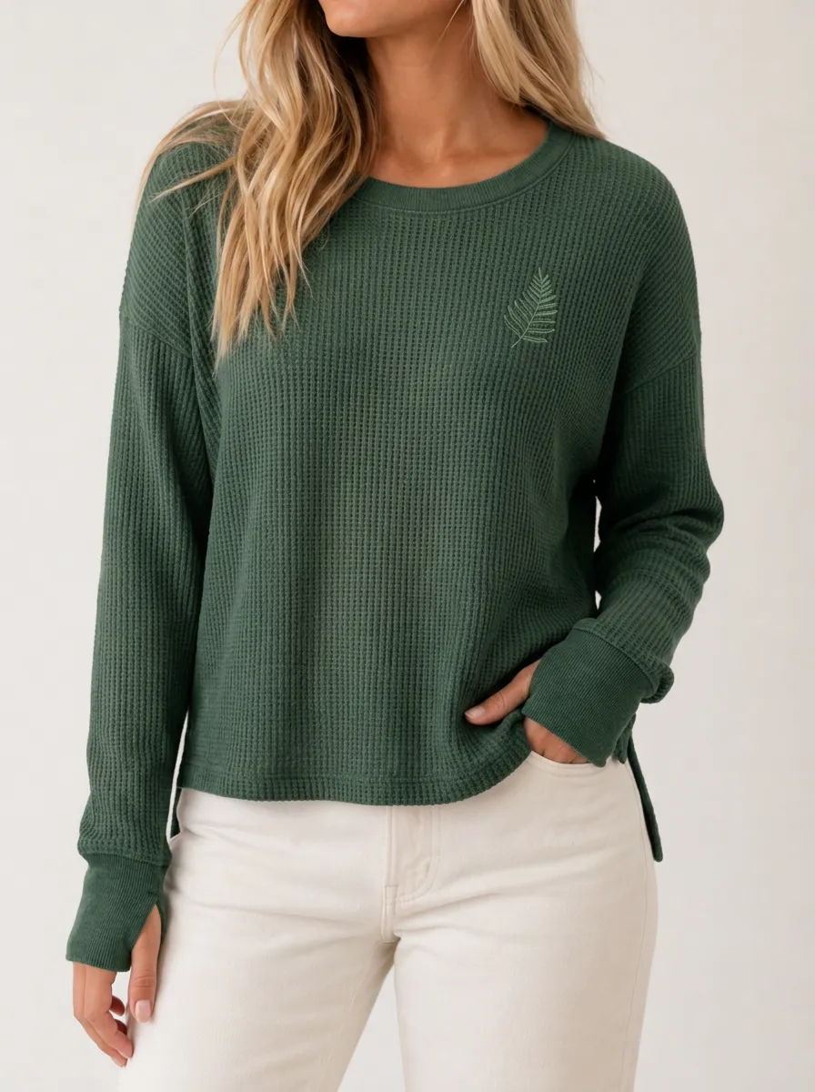 Textured Casual Nature Lover Fern Leaf Embroidered Waffle Knit Top