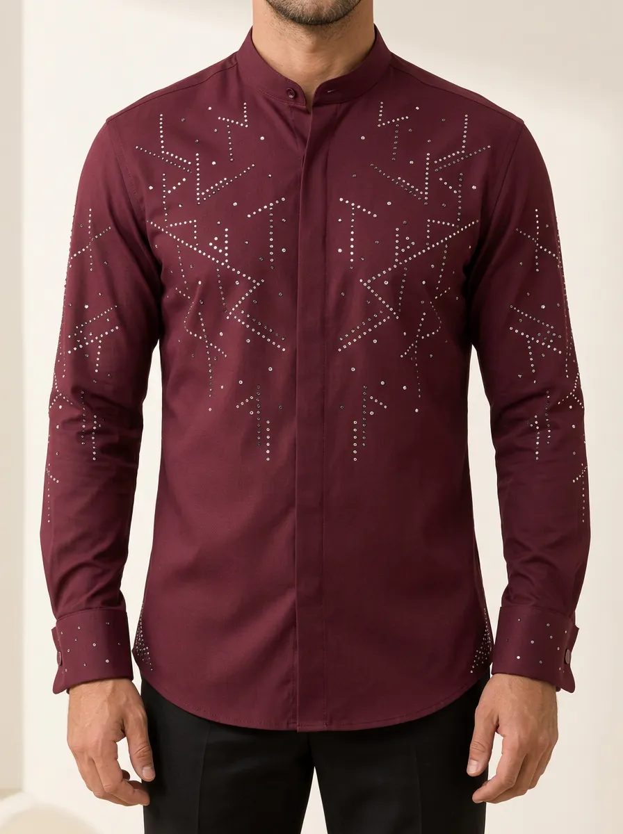 Maroon Geometric Studded Stand Collar Shirt