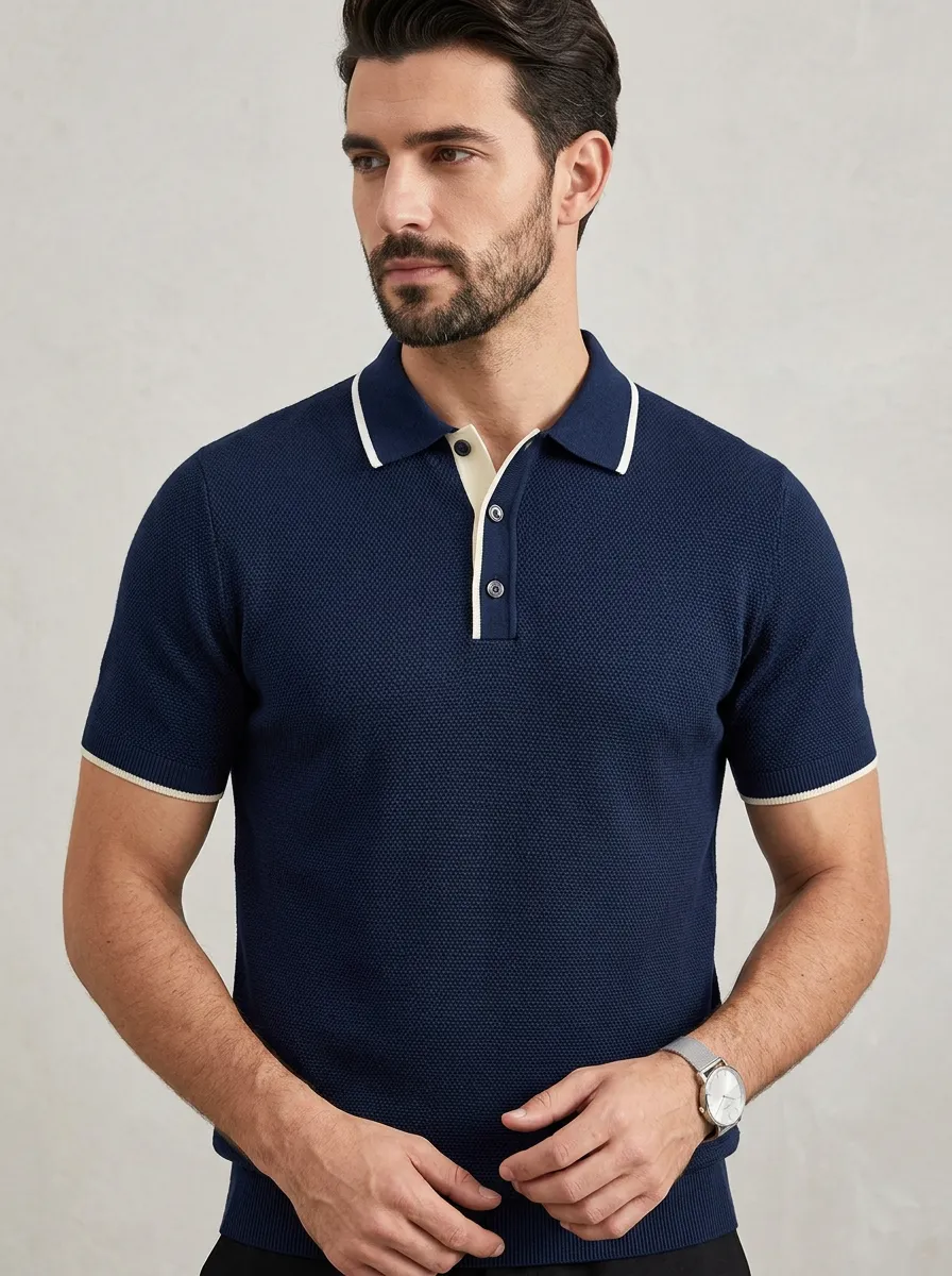 Men's Casual Navy Blue Contrast Trim Knit Polo Shirt