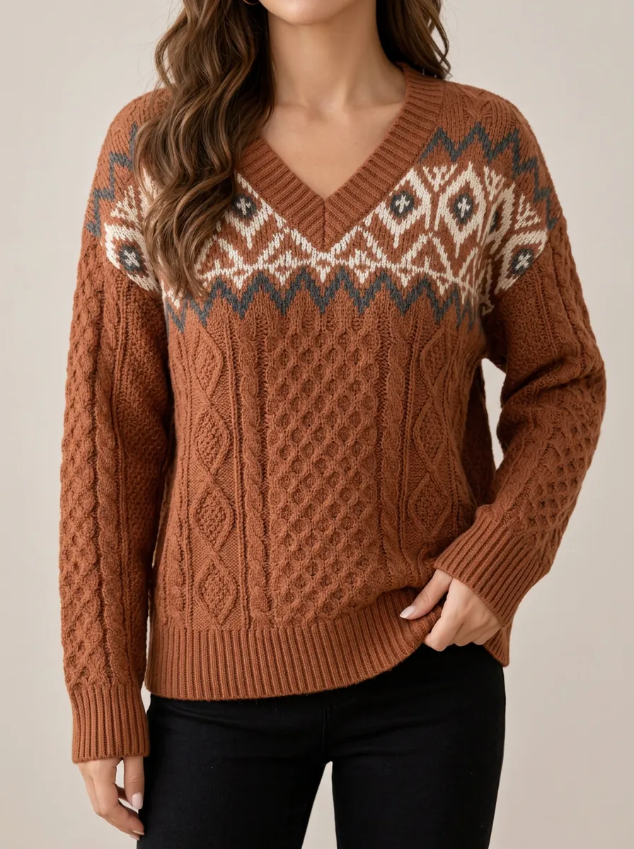 Women's V-Neck Sweater Featuring Geometric Texture