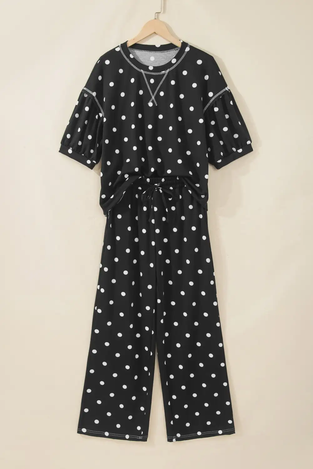 Women's Polka Dot Half Sleeve Loose Top Elastic Waist Casual Pants Set
