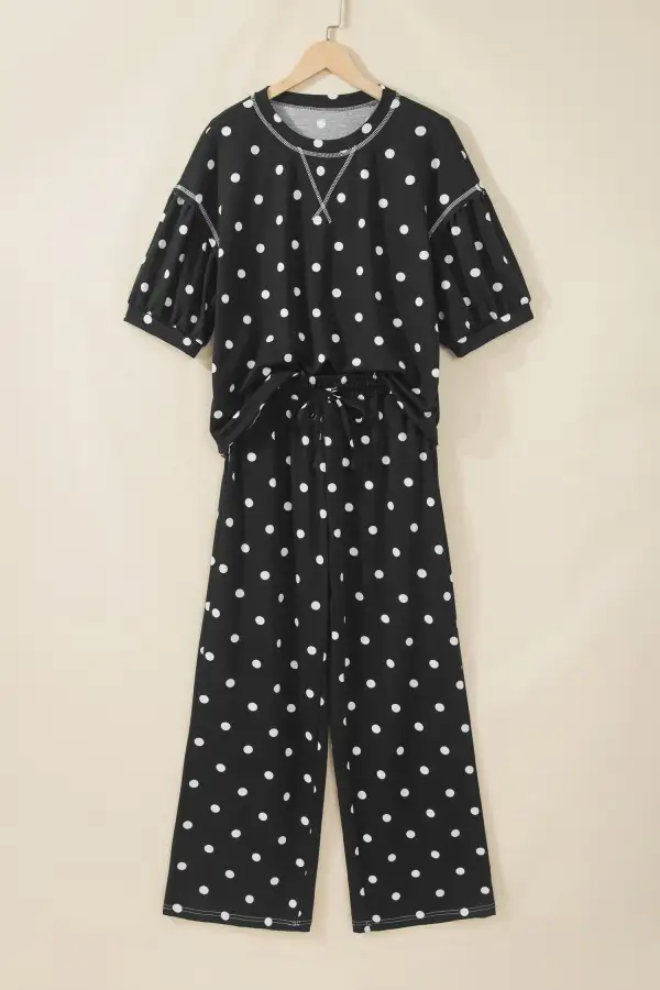Women's Polka Dot Half Sleeve Loose Top Elastic Waist Casual Pants Set