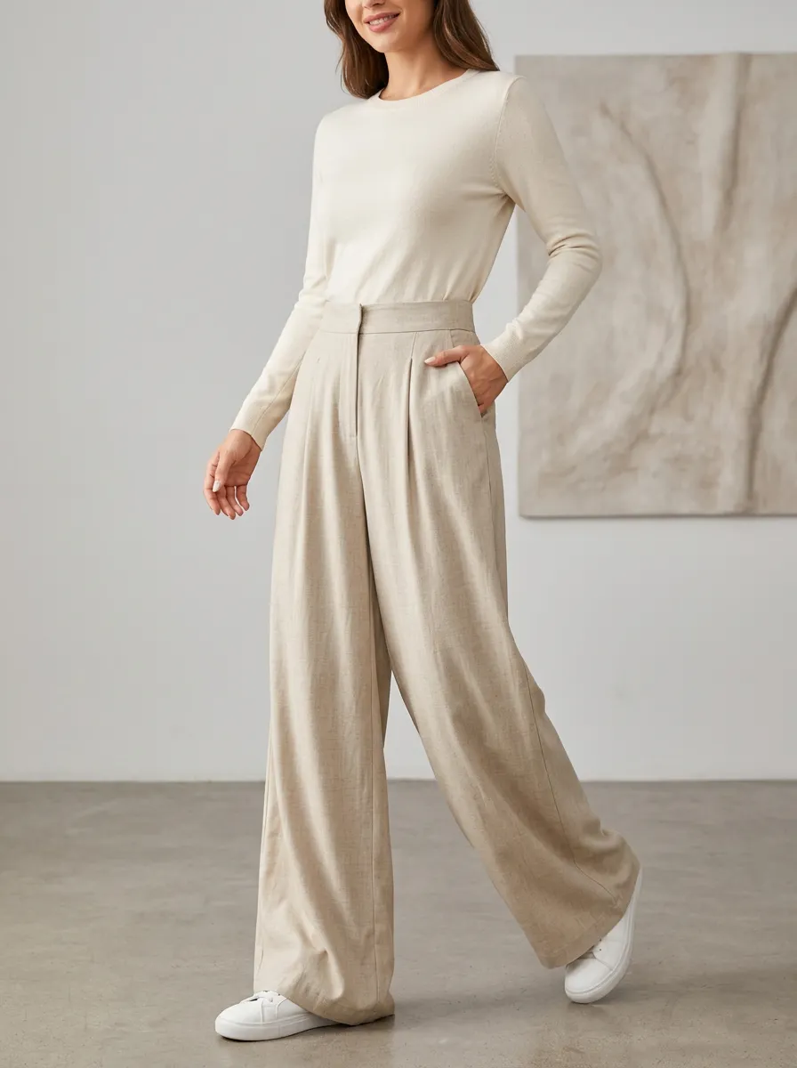 Polished Wide-Leg Pleated Casual Wide Leg Pants