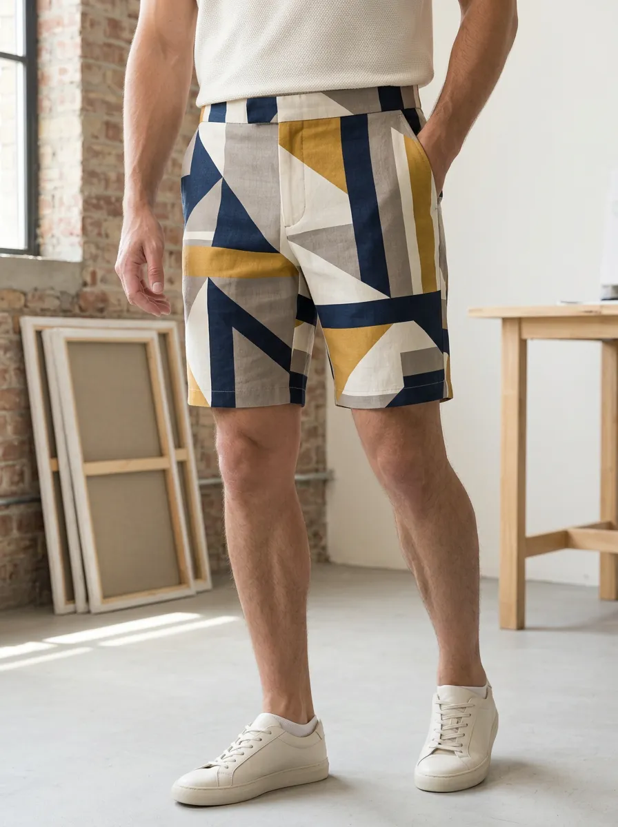 Men's Straight Leg Geometric Mustard Tailored Shorts