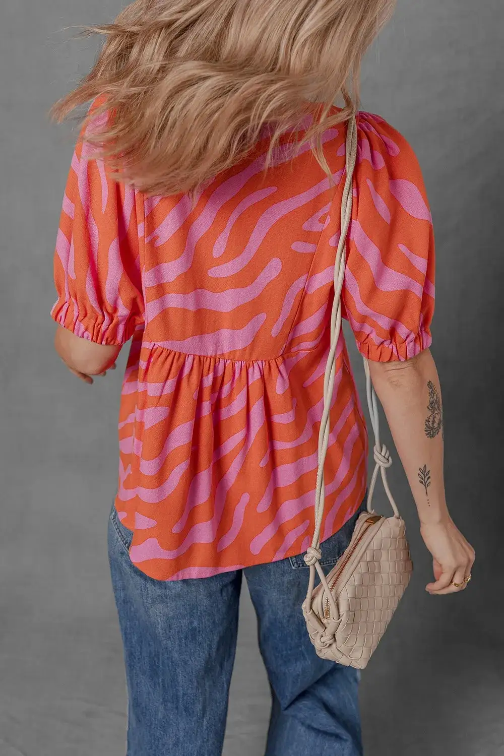 V-Neck Half-Sleeve Zebra-Stripe Blouse